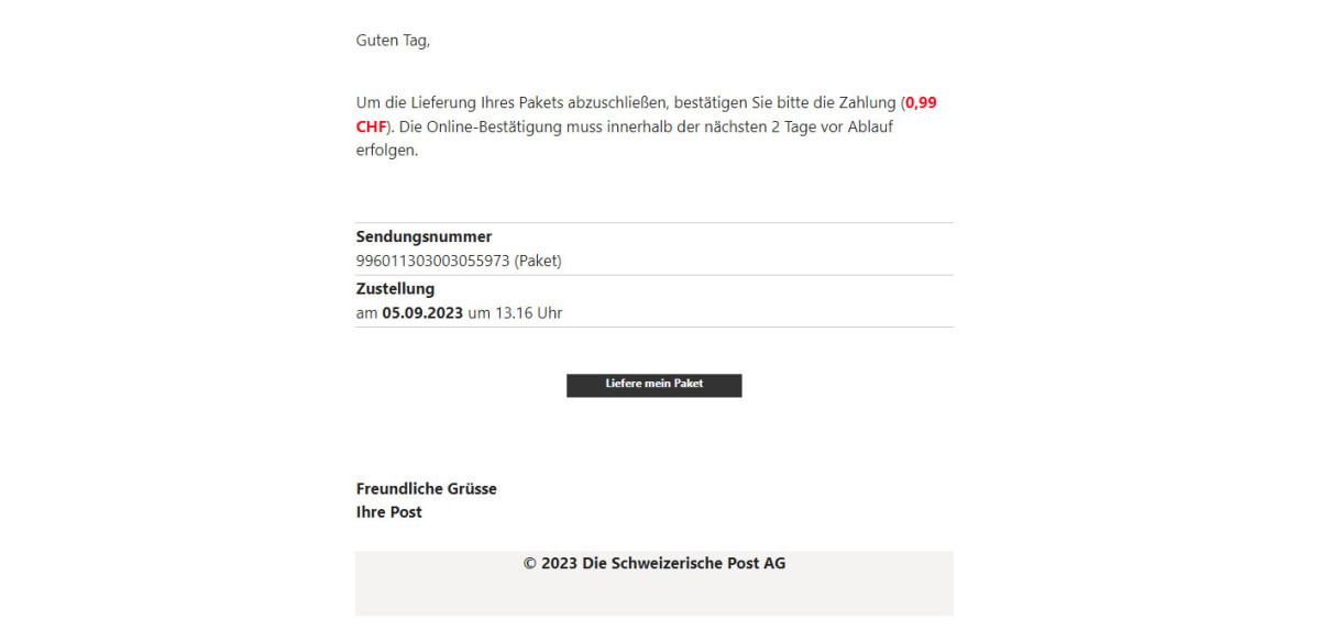 Wieder mal die Post. Sie will 0.99 CHF von mir